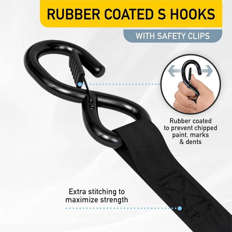 AUGO Self-Locking Retractable Ratchet Straps | 2 Heavy Duty Self-Tensioning Retractable Tie Down Straps with Soft Loops & Storage Bag | for Motorcycle, Truck, Cargo | 1500Lb Break Strength 1” x 12’ - Image 3